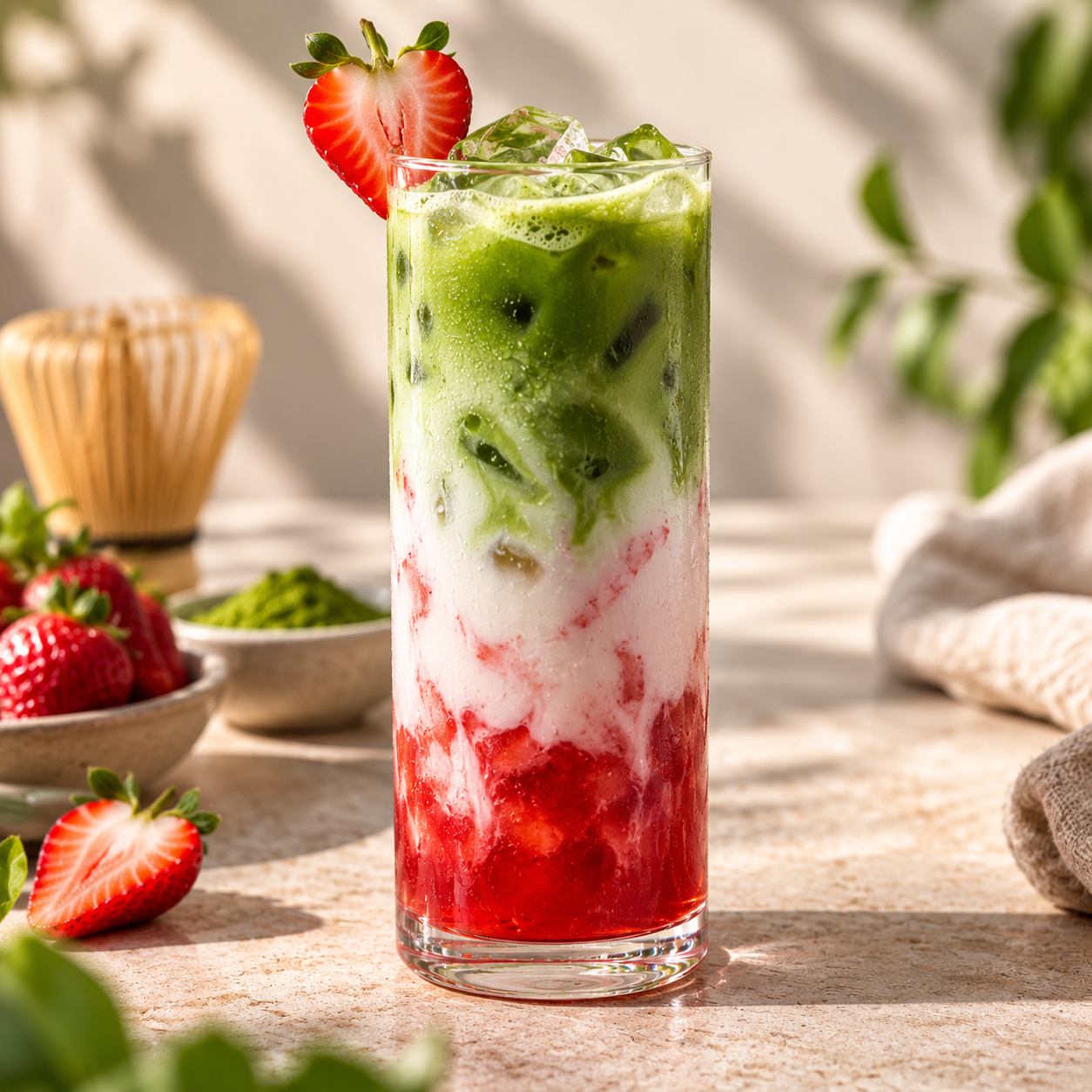 Jahodové matcha latte s ľadom